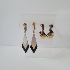 2 Pairs Dangle Clip On Earrings 3 Tone Silver Gold Black Diamond Teardrop 2.75"